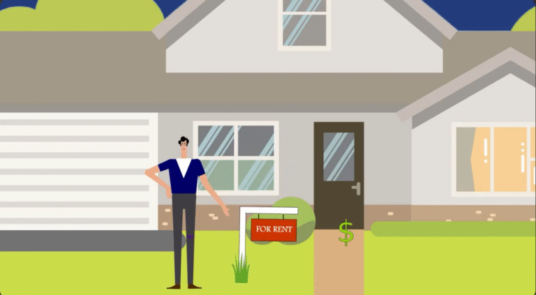 animated man standing in front of a house with a "for rent" sign.